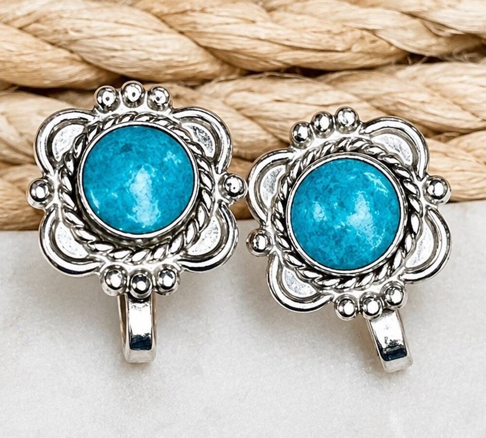 Vintage Turquoise Nickel Silver Screw Back Stud Earrings Southwestern Boho
